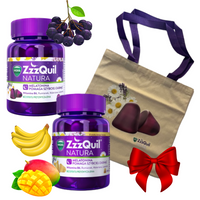 ZzzQuil Natura Zestaw owocowe żelki o smaku mango banan i owoce leśne z melatoniną 30 szt. 2 opakowania + torba gratis