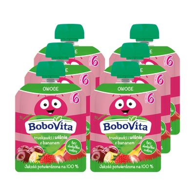 BoboVita Mus truskawki i wiśnie z bananem po 6. miesiącu ZESTAW 6 x 80 g