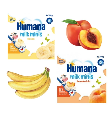 Humana Milk Minis zestaw deserków jogurtowych banan i brzoskwinia od 6 miesiąca 8 x 100 g