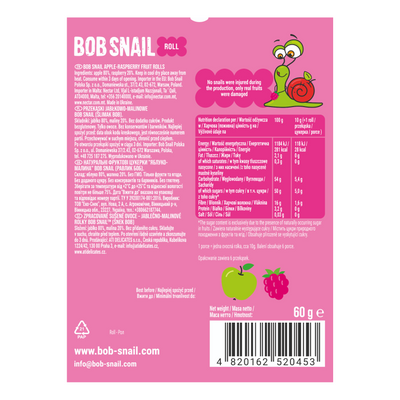 Bob Snail Rollsy owocowe Jabłko Malina bez cukru 60 g