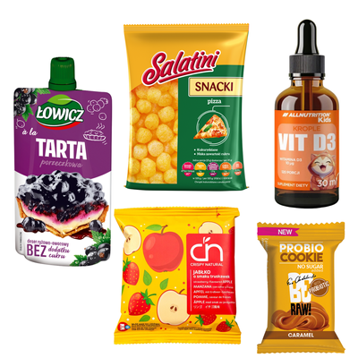 Allnutrition Kids witamina D3 w kroplach i zdrowe przekąski idealne do szkoły