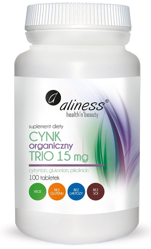 Aliness Cynk Organiczny Trio 15 mg ODPORNOŚĆ SKÓRA WŁOSY PAZNOKCIE 100 tabletek