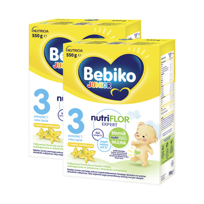 BEBIKO JUNIOR NUTRIflor Expert 3 formuła na bazie mleka o smaku waniliowym, powyżej 1. roku życia ZESTAW 2 x 550 g