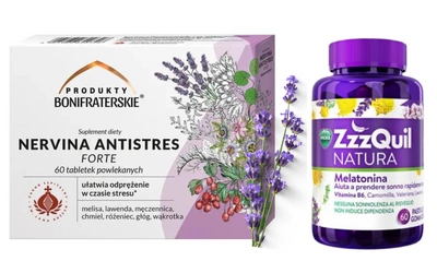 Nervina Antistres Forte 60 tabletek + ZzzQuil Natura Owocowe żelki z melatoniną 60 żelek