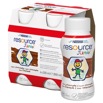 Nestlé Resource Junior Preparat odżywczy w płynie dla dzieci smak czekoladowy 800 ml (4 x 200 ml)