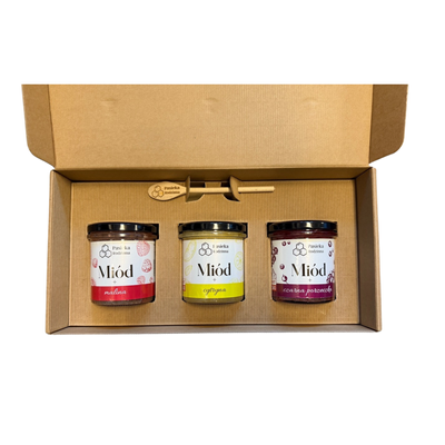 Pasieka Rodzinna zestaw prezentowy miód malina, cytryna, czarna porzeczka 3 x 240 g