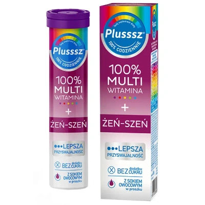 Plusssz 100% Multiwitamina + Żeń-Szeń smak owoców leśnych 20 tabletek