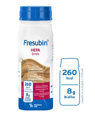 Fresubin Hepa Drink, smak cappucinno, 4 x 200 ml.  Żywność specjalnego przeznaczenia medycznego. Choroby wątroby