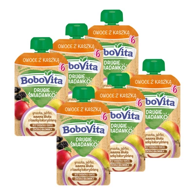 BoboVita Drugie Śniadanko Owoce z kaszką gruszka jabłko suszona śliwka po 6 miesiącu ZESTAW 6 x 100 g