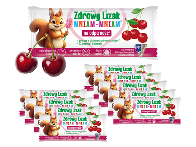 Zdrowy lizak dla dzieci mniam mniam z witaminami smak wiśniowy ZESTAW ŁEZKA 10 sztuk