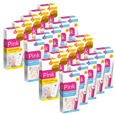 Pink testy ciążowe SUPER CZUŁE strumieniowy i płytkowy mix 20 opakowań + zestaw do monitorowania płodności GRATIS!