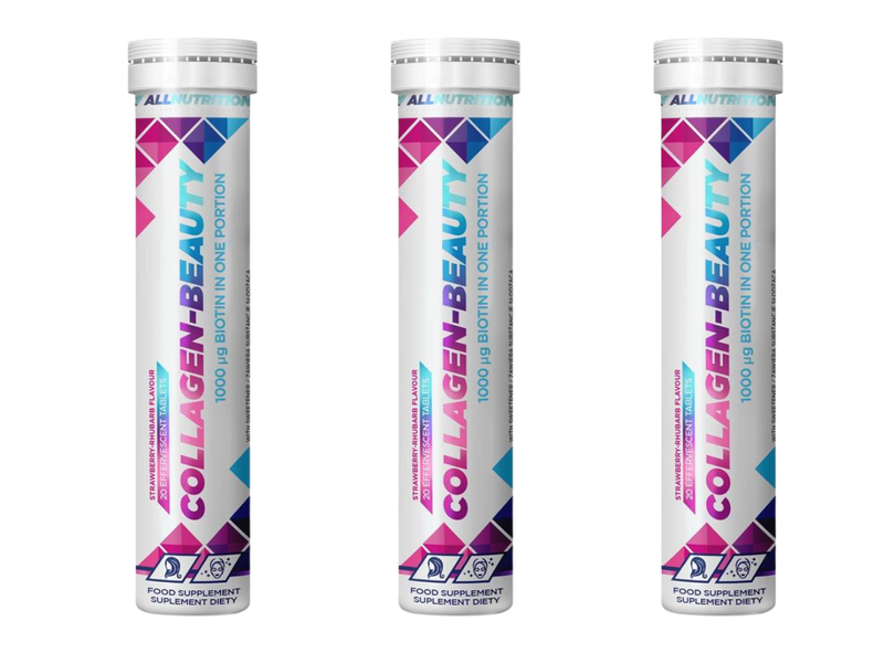 Allnutrition COLLAGEN BEAUTY kolagen SMAK RABARBAR-TRUSKAWKA 3 x 20 tabletek musujących