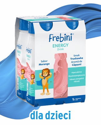 Frebini Energy Drink, smak truskawkowy, ZESTAW 16 x 200 ml. Żywność specjalnego przeznaczenia medycznego. Dla dzieci 1 - 12 lat