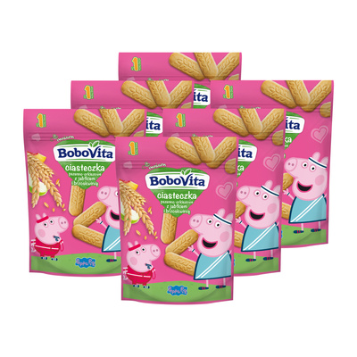 BoboVita Ciasteczka Peppa Pig pszenno-orkiszowe z jabłkiem i brzoskwinią po 1 roku życia ZESTAW 6 x 150 g