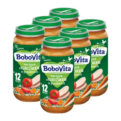 Obiadek dla dziecka BoboVita Junior Warzywa z kurczakiem w pomidorach 1-3 lata ZESTAW 6x250g