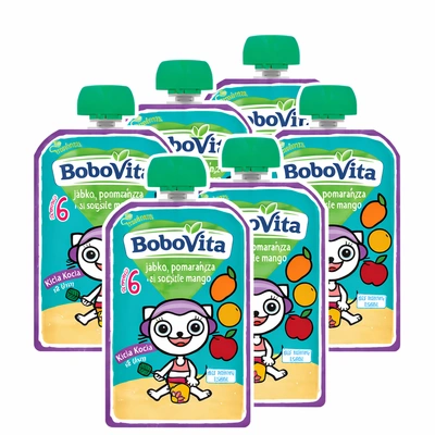 BoboVita Mus jabłko pomarańcza i soczyste mango KICIA KOCIA po 6 miesiącu 6 x 100 g