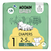 Moomin Baby 1 Newborn 2–5 kg (25 szt), eko pieluszki + CHUSTECZKI BEGGS GRATIS!