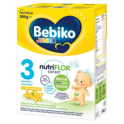 BEBIKO JUNIOR NUTRIflor Expert 3 formuła na bazie mleka o smaku waniliowym, powyżej 1. roku życia ZESTAW 4 x 550 g