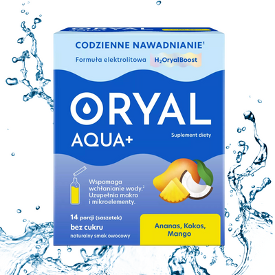 Oryal Aqua+ elektrolity z prebiotykiem ananas kokos mango 14 saszetek