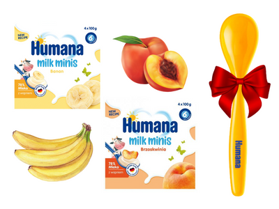 Humana Milk Minis zestaw deserków jogurtowych banan i brzoskwinia od 6 miesiąca 8 x 100 g + ŁYŻECZKA GRATIS!