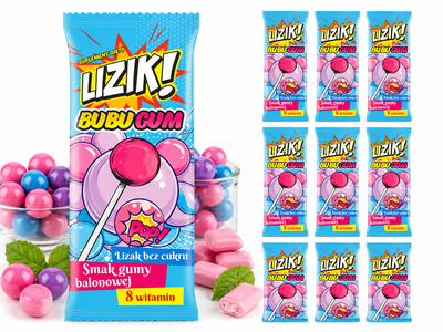 LIZIK! Bubu Gum lizak o smaku GUMY BALONOWEJ bez dodatku cukru 10 sztuk