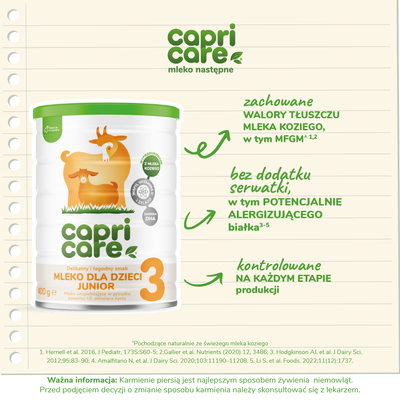 Capricare 3 - mleko dla dzieci junior, powyżej 12 miesiąca, oparte na mleku kozim ZESTAW 2 x 400 g
