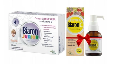 Biaron Junior Witamina D 1000 j.m. do żucia guma balonowa 30 kapsułek + Biaron C EXTRA krople GRATIS!