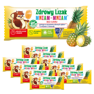 Zdrowy lizak dla dzieci mniam mniam z witaminami smak ananasowy ZESTAW ŁEZKA 10 sztuk + 2 LIZAKI GRATIS!