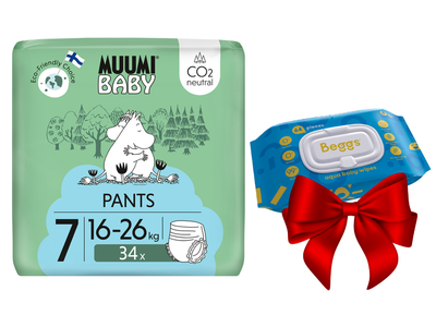 Muumi Baby Pants EKO PIELUCHOMAJTKI 7XL 16-26 kg 34 sztuki + CHUSTECZKI BEGGS GRATIS!