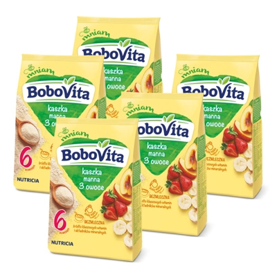 BoboVita Kaszka manna 3 owoce po 6 miesiącu ZESTAW 5x180g