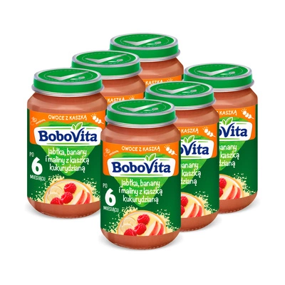 BoboVita Jabłka, banany i maliny z kaszką kukurydzianą deserek po 6m. zestaw 6x190g