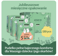 Moomin Baby 5 Maxi 10 -16 kg (120 szt.), jubileuszowe, miesięczne opakowanie eko pieluszek z pudełkiem prezentowym