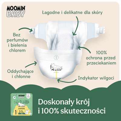 Moomin Baby 1 Newborn 2–5 kg (25 szt), eko pieluszki + CHUSTECZKI BEGGS GRATIS!