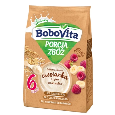 BoboVita Porcja Zbóż mleczna owsianka z ryżem, bananem i maliną po 6. miesiącu życia 210 g