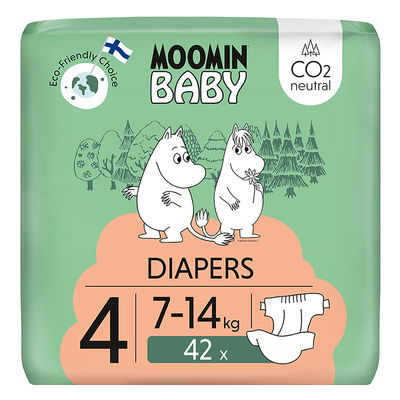 Moomin Baby 4 Maxi 7–14 kg (42 szt), eko pieluszki + CHUSTECZKI BEGGS GRATIS!