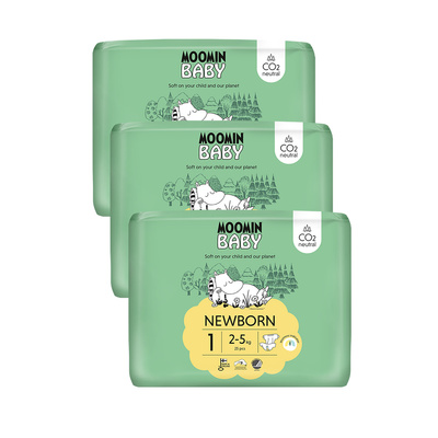 Moomin Baby 1 Newborn 2–5 kg (75 szt), miesięczne opakowanie eko pieluszek