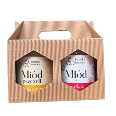 Pasieka Rodzinna zestaw prezentowy miód wielokwiatowy i malina z rączką 2 x 410 g