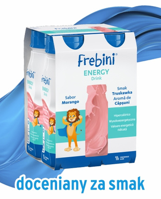 Frebini Energy Drink, smak truskawkowy, 24 x 200 ml. Żywność specjalnego przeznaczenia medycznego. Dla dzieci 1 - 12 lat