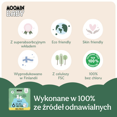 Muumi Baby Pants 6 Junior 12-20 kg (52 szt), eko pieluchomajtki + CHUSTECZKI BEGGS GRATIS!