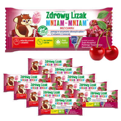 Zdrowy lizak dla dzieci mniam mniam z witaminami smak wiśniowy ZESTAW ŁEZKA 10 sztuk + 2 LIZAKI GRATIS!