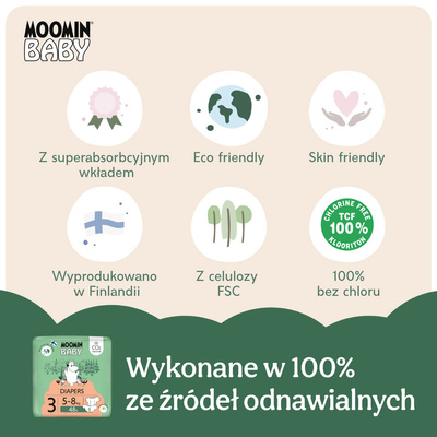 Moomin Baby 3 Midi 5–8 kg (48 szt), eko pieluszki