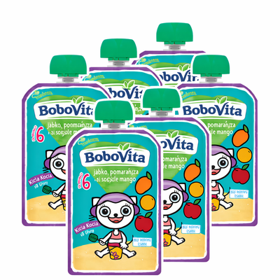 BoboVita Mus jabłko pomarańcza i soczyste mango KICIA KOCIA po 6 miesiącu 6 x 100 g