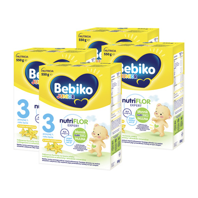 BEBIKO JUNIOR NUTRIflor Expert 3 formuła na bazie mleka o smaku waniliowym, powyżej 1. roku życia ZESTAW 4 x 550 g