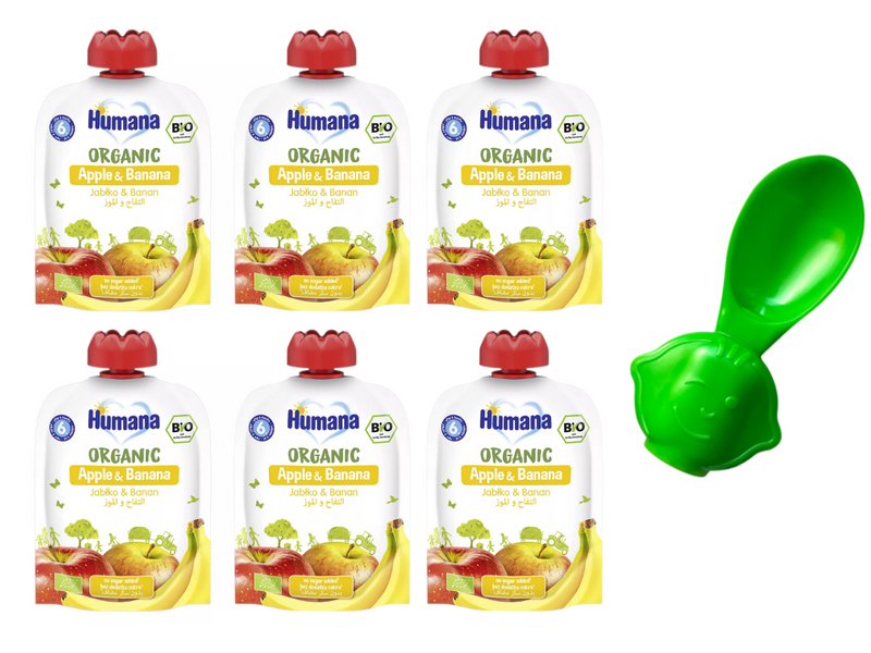 Humana Organic Mus jabłko & banan po 6. miesiącu ZESTAW 6 x 90 g + ŁYŻECZKA DO MUSÓW GRATIS!