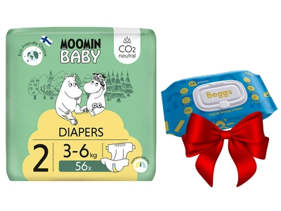 Moomin Baby 2 Newborn 3–6 kg (56 szt), eko pieluszki + CHUSTECZKI BEGGS GRATIS!